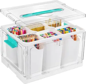 24 QT Clear Plastic Craft Organizer with 6 Detachable Inserts, Art Supply and Tool Storage Box for Craft, Crayon, Pencils, 1 Pack
