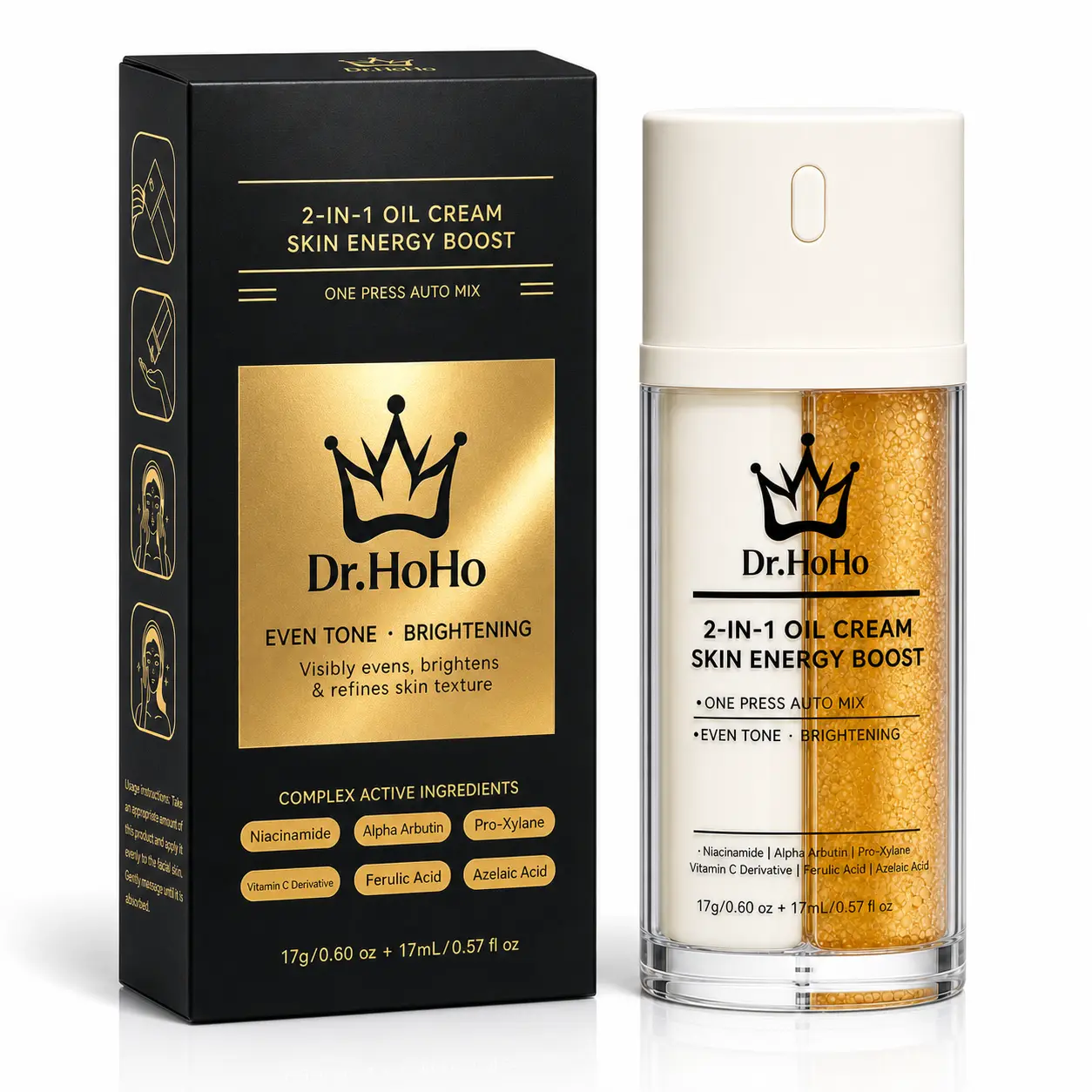 Dr.HoHo Niacinamide & Vitamin C Brightening Serum – 2-in-1 Oil Cream with Alpha Arbutin & Azelaic Acid – Dark Spot & Skin Energizer – Hydrating Lightening Face Care for Even Tone & Glow