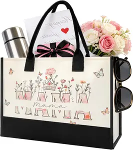 Mothers Day Gifts for Mom from Son Daughter Large Canvas Tote Bag with Floral Print Beach Bag Mama Gift for Mother's Day Birthday Present