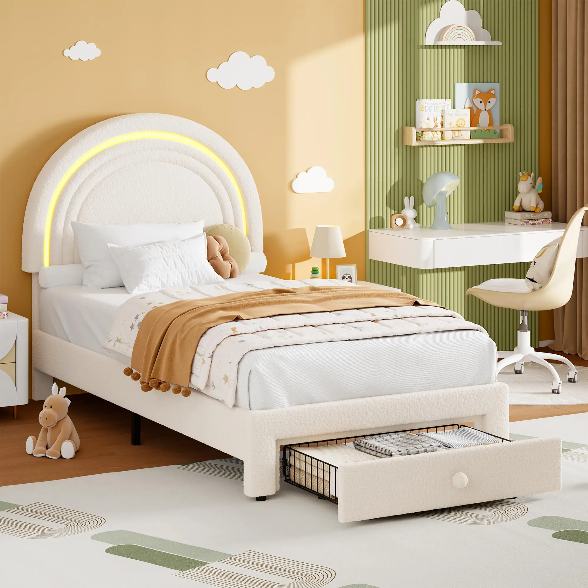 Beige Twin Upholstered LED Kids Furniture Bedroom Floor Bed Frame - Berber Fleece Princess Bed with Rainbow Headboard, Wireless LED Light, Sturdy Solid Wood Slats, 1 Space-Saving Storage Drawer, No Box Spring Needed, Assembly Required, Easy Setup, Durable