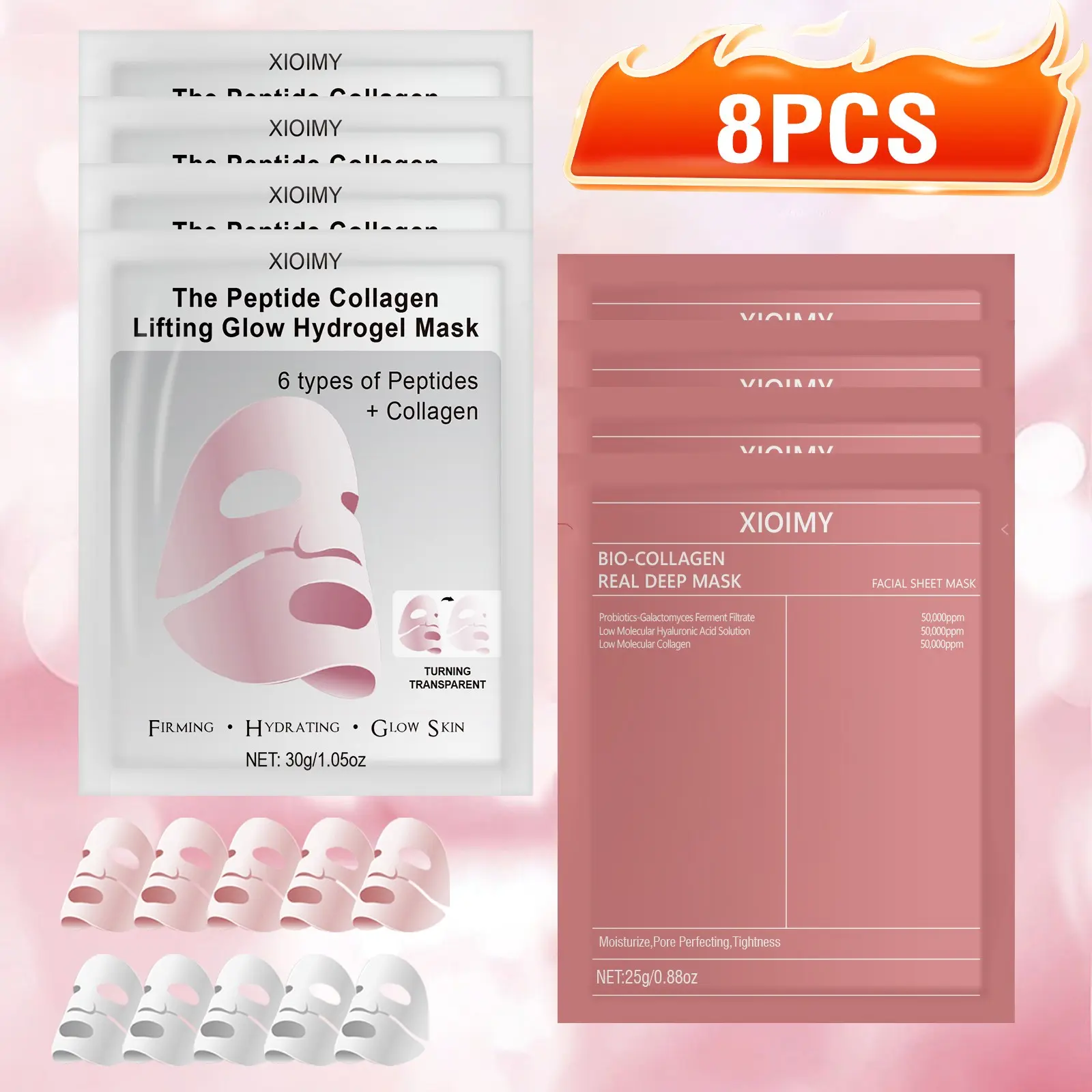 8pcs Bio Collagen & Hexapeptide Moisturizing Hydrating Mask, Deep Hydration, Six Peptides, Elastic Skin, Younger Look, Facial Care, All Skin Types