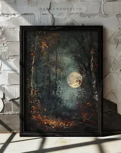 Autumn Full Moon Dark Forest Art Print, Dark Cottagecore, Moody Fall Art, Gothic Halloween Art Decor, Halloween Decor Gift, UnFramed