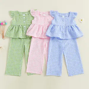 Kids Infant Toddler Little Girls Outfits Plaid Print Flying Sleeve Button Up A-line Vest Tops Pants Sets 2PCS Spring Summer Outfits Clothes