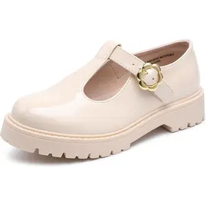 SHOESLOCKER Girls' Classic Elegant Glossy Patent Leather Mary Janes - Flower Buckle, Thick Platform, Non-Slip Round Toe, LED Light-Up Dress Flats, All-Match Footwear for School, Party