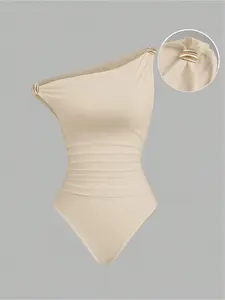 Elegant Special Metal Buckle Shoulder Cut Out Women's Bodycon Fit Jumpsuit, Stylish Sleeveless One-Piece Romper Bodysuit, Perfect for Casual Wear