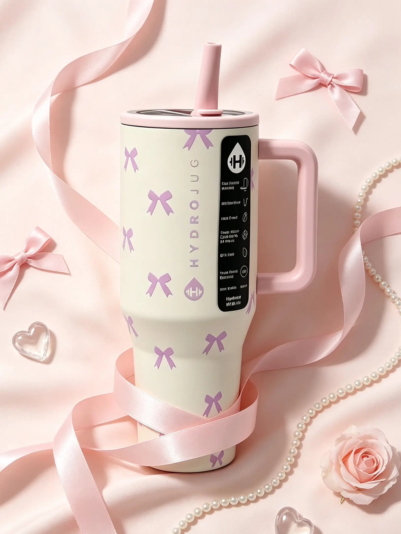HydroJug 40oz Stainless Steel Traveler Water Bottle - Pink Bow Print, Ergonomic Handle, BPA-Free Stylish Flask for Sports, Outdoor Activities, Daily Use, Flasks