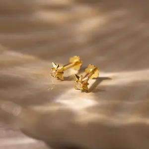 Starlight Flatback Studs by Caitlyn Minimalist - North Star Diamond Stud Earrings - Dainty Starburst Flat Back Earrings - Celestial Jewelry - Gift for Her