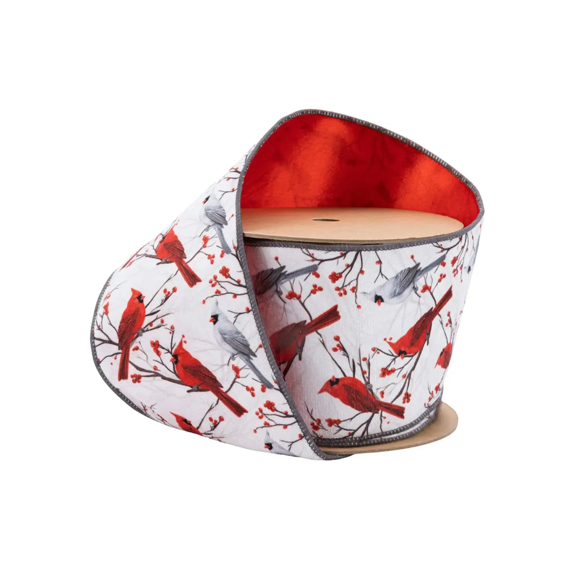 4" Wired Velvet | White and Red Cardinals with Red Backing | 10 Yard Roll