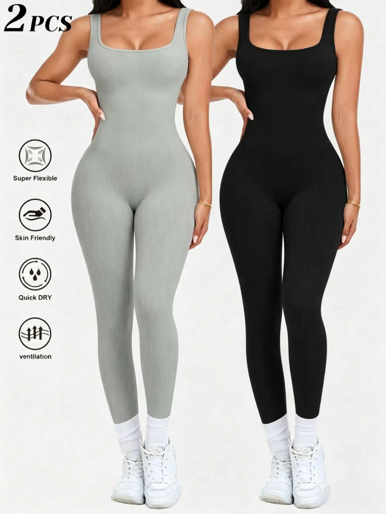 1/2 Pcs Womens Workout Rompers Jumpsuits Sporty Yoga Jumpsuit Stretchy Jumpsuit Seamless Ribbed Fitted Jumpsuit Tight Yoga Jumpsuit Yoga Gym One Piece Sleeveless Square Neck Tank Top Leggings Unitard Sports Jumpsuit