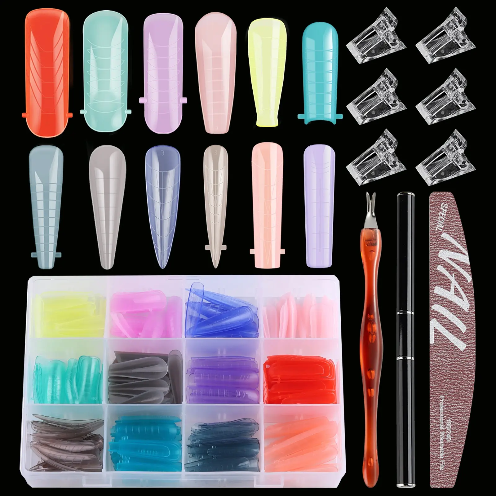 288Pcs Polygel Nail Form Kit 12 Color 12 Sizes Reusable Nail Extension Mold Dual Forms with 6Pcs Nail Clips, Dual-Head Brush Pen, Nail File & Cuticle Pusher for Beginners