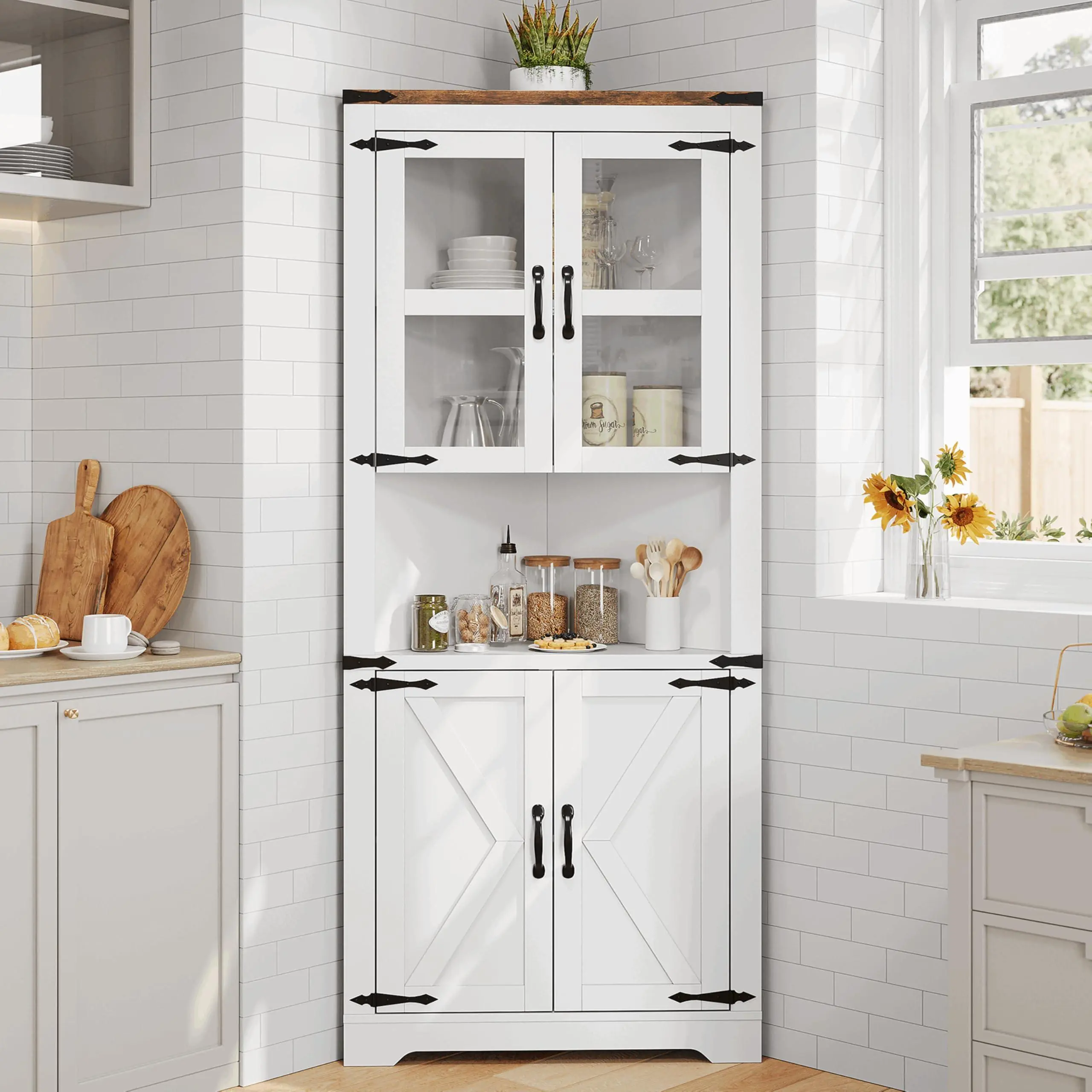 Tall Corner Cabinet, Farmhouse Corner Storage Cabinet with Glass Door & Adjustable Shelves, Space Saving Storage for Living Room, Kitchen, Bathroom, White