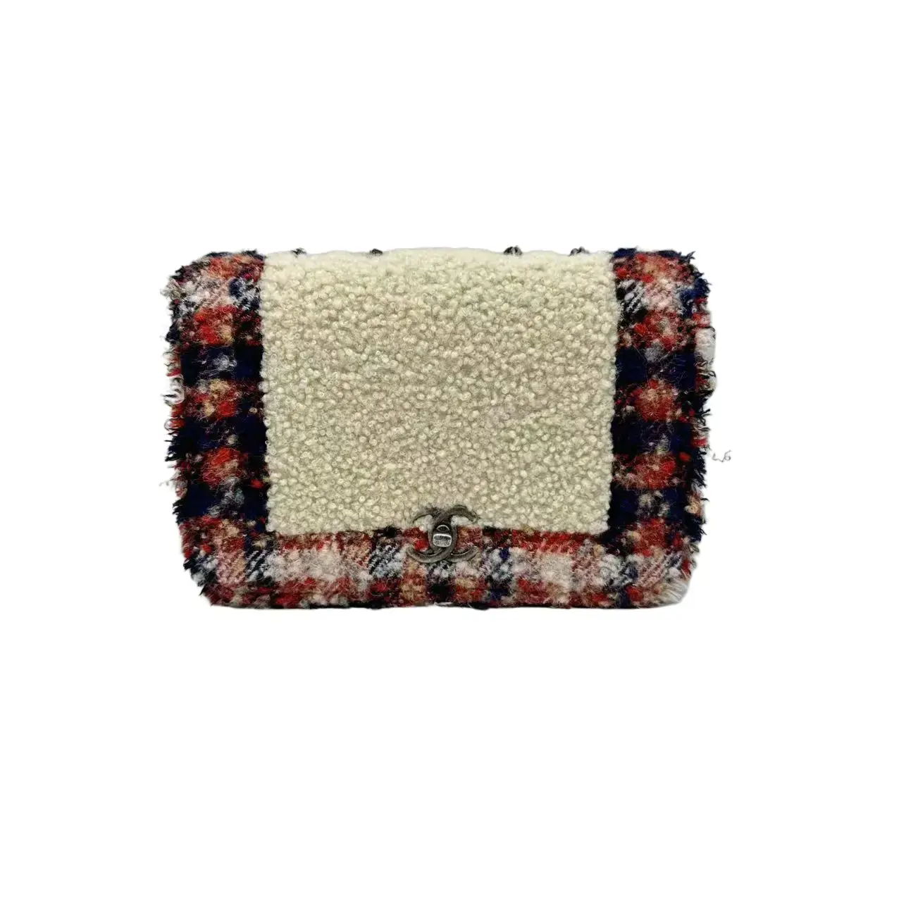 Pre-owned CHANEL HZ8 Medium Classic Flap bag featuring a combination of shearling and tweed, with vintage silver tone hardware. 70854