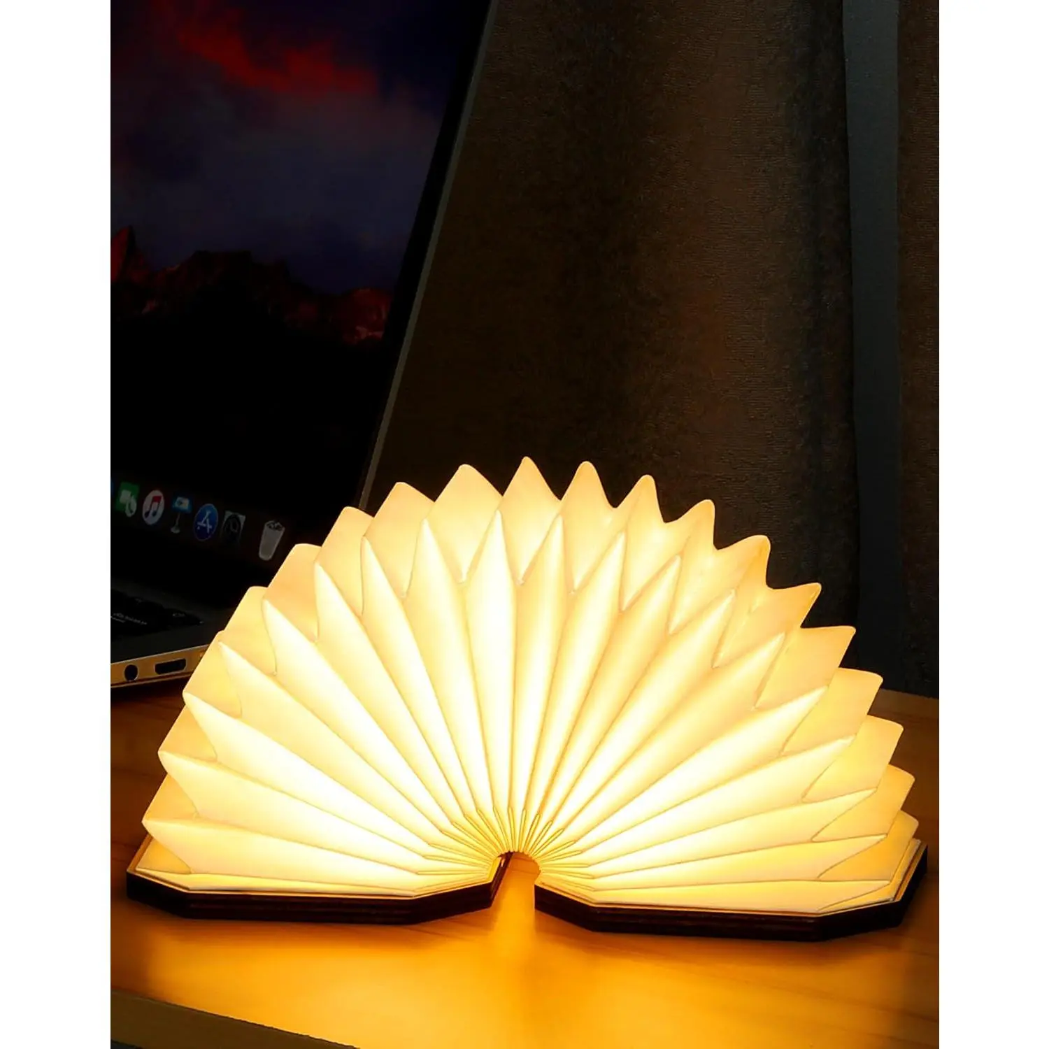 Originality Folding Accordion Lamp, Portable Wooden Desk Lamp,  Gifts, Creative LED Paper Lantern with USB for Home Decoration(Walnut)