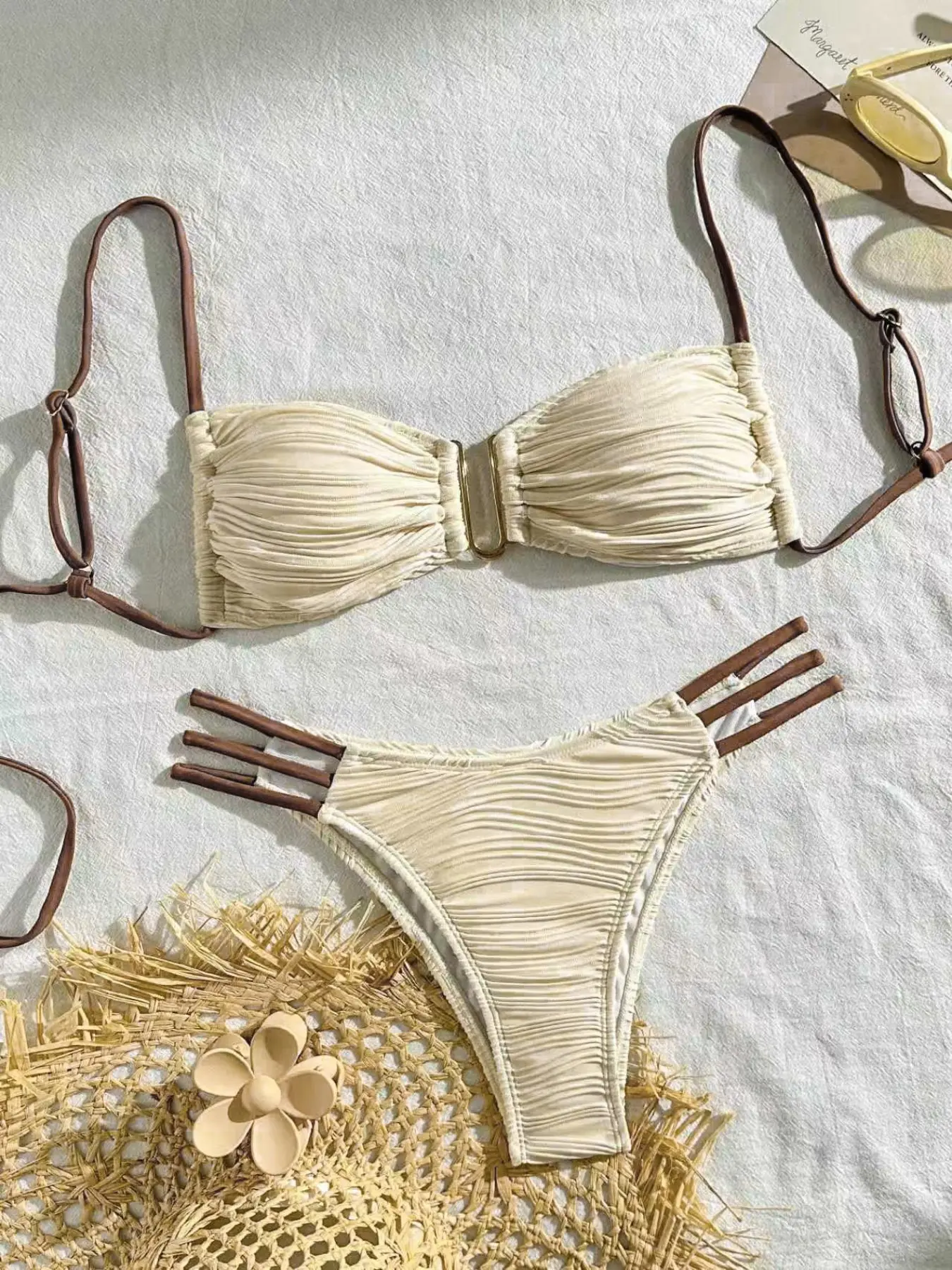 Two-Piece Set Women's Plain Set, Casual Fashion Chic Swimsuit Set for Beach Holiday Vacation, Ladies Swimwear for All Seasons, Tie Back Bikini, Beach Bikinis, Bathing Suit