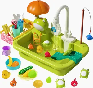 CUTE STONE Play Sink with Running Water & Upgraded Electric Faucet Kitchen Toy Accessories Detachable Drain Rack Improves Color Recognition for Water Play Role Play Dishwasher Toy