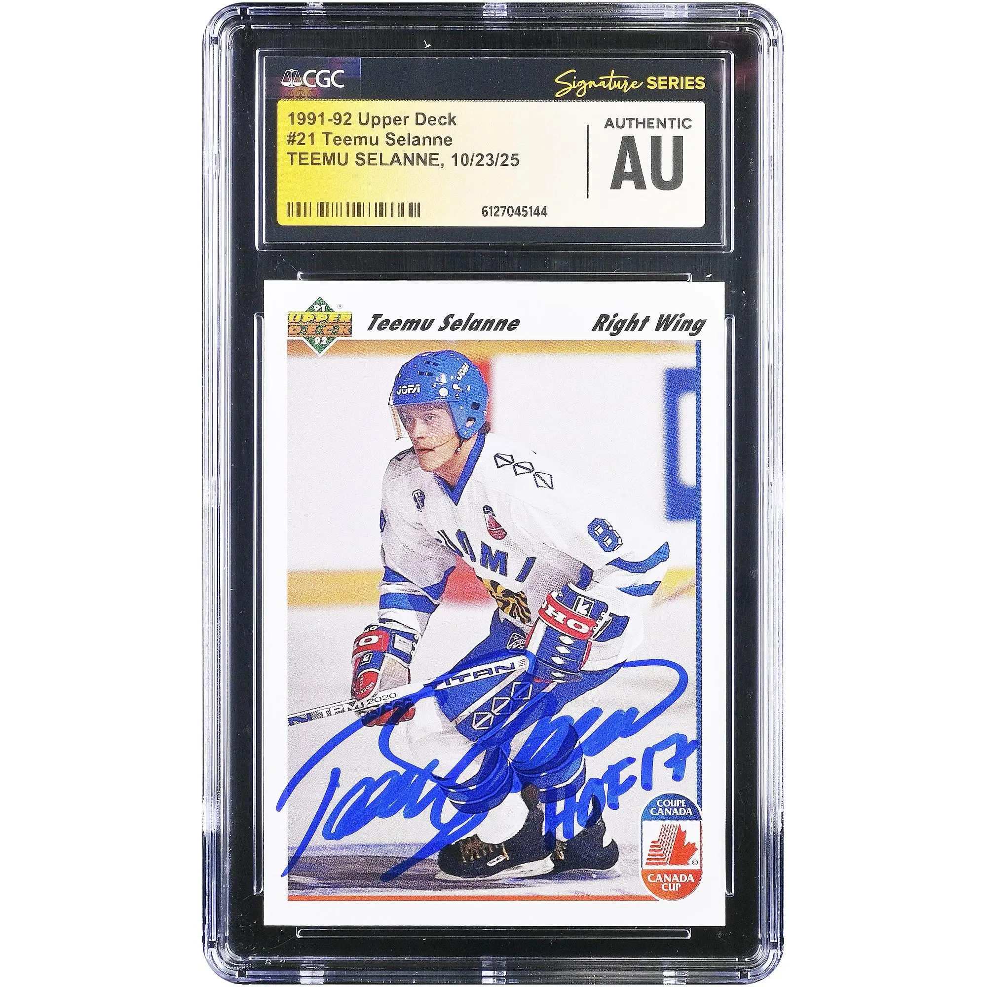 Teemu Selanne Finland Autographed 1991-92 Upper Deck #21 CGC Fanatics Witnessed Authenticated Rookie Card with "HOF 17" Inscription - Fanatics Authentic Certified