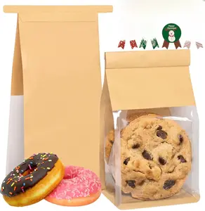 50 Pack Cookie Bags with Seal, Tin Tie Tab Lock Bakery Bags with Window Resealable Paper Packaging Bag for Muffin, Granola, Candies, Scone, Brownie, Included 100PCS Stickers
