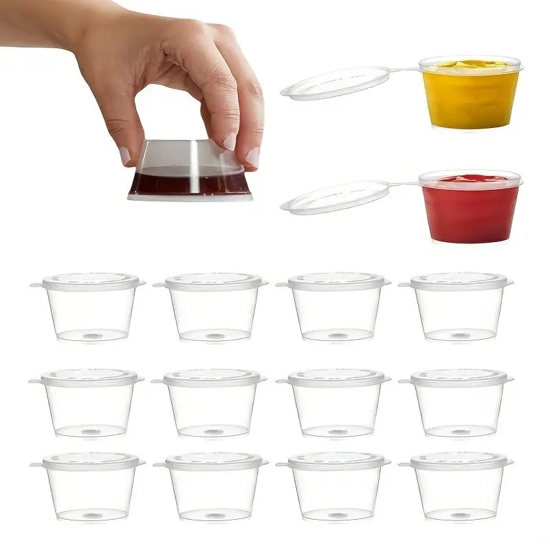 50-Pack 1oz Polypropylene (PP) Small Containers with Hinged Lids, Leak-Proof Disposable Portion Cups for Sauce, Condiments, Souffle, Salad Dressing, Slime - Food Contact Safe, Disposable Tableware, Disposable Products
