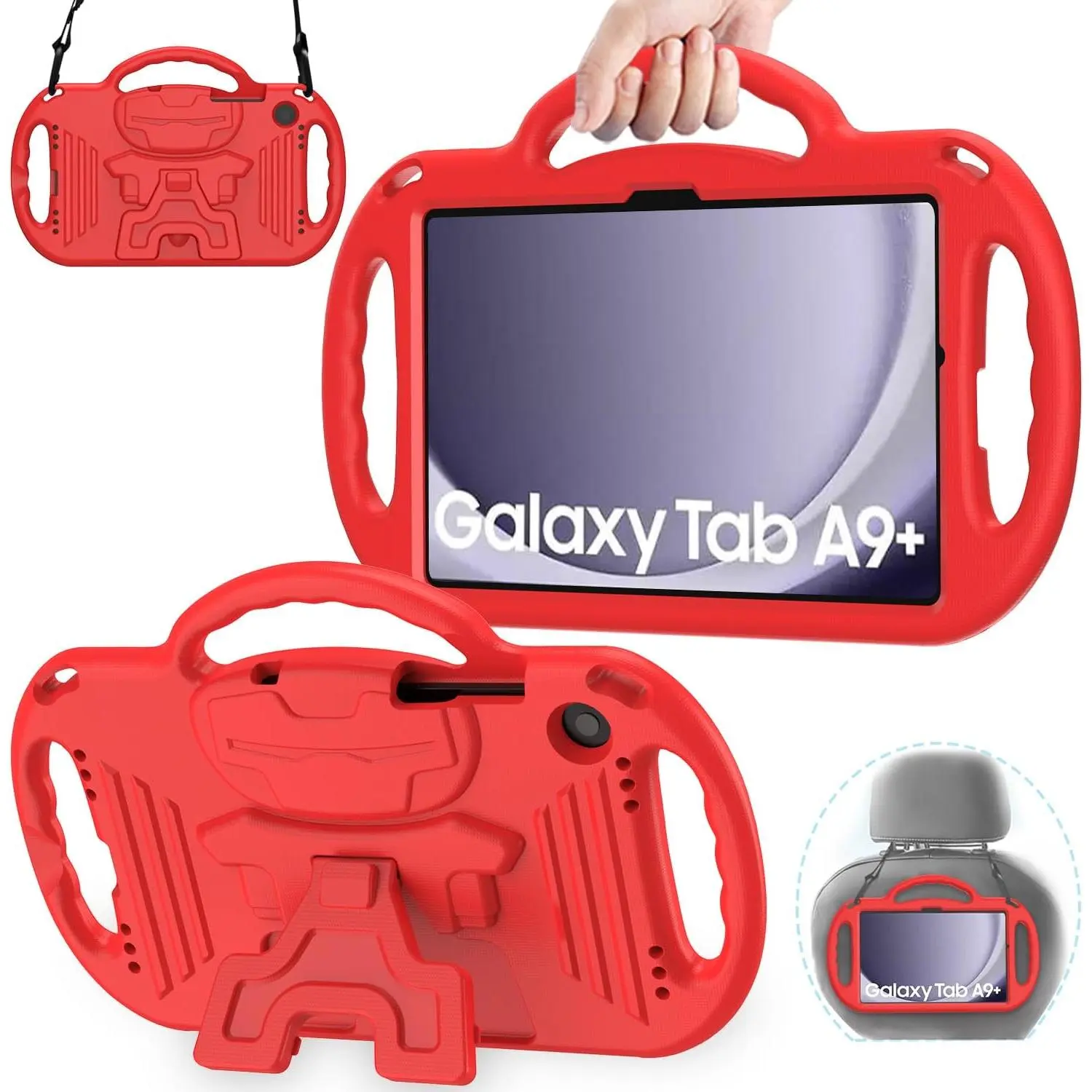 Tablet Cover for Galaxy Tab A9+/A9 Plus 11in 2023 Model (SM-X210/X216/X218) - Rubber Shockproof Lightweight Case with Handle Stand, Strap, Lanyard, Red Tablet Protection Accessories