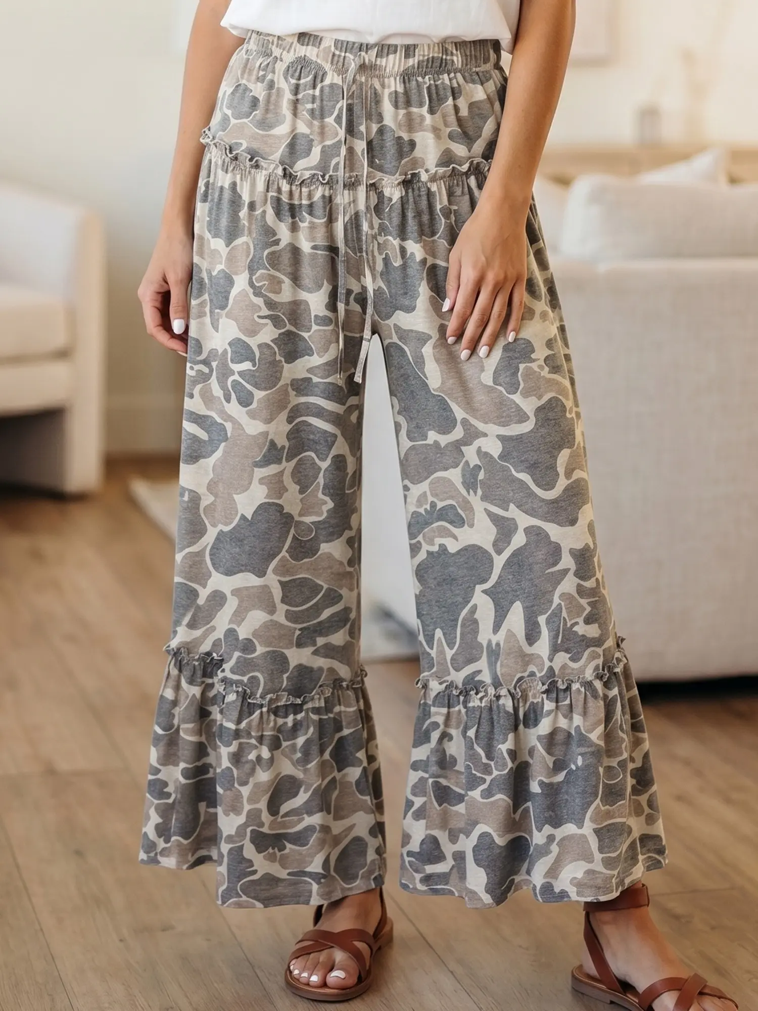 Must-Have Ruffle Hem Wide Leg Pants for Women | Comfy Drawstring Waist & Trendy Print (Camo/Leopard)