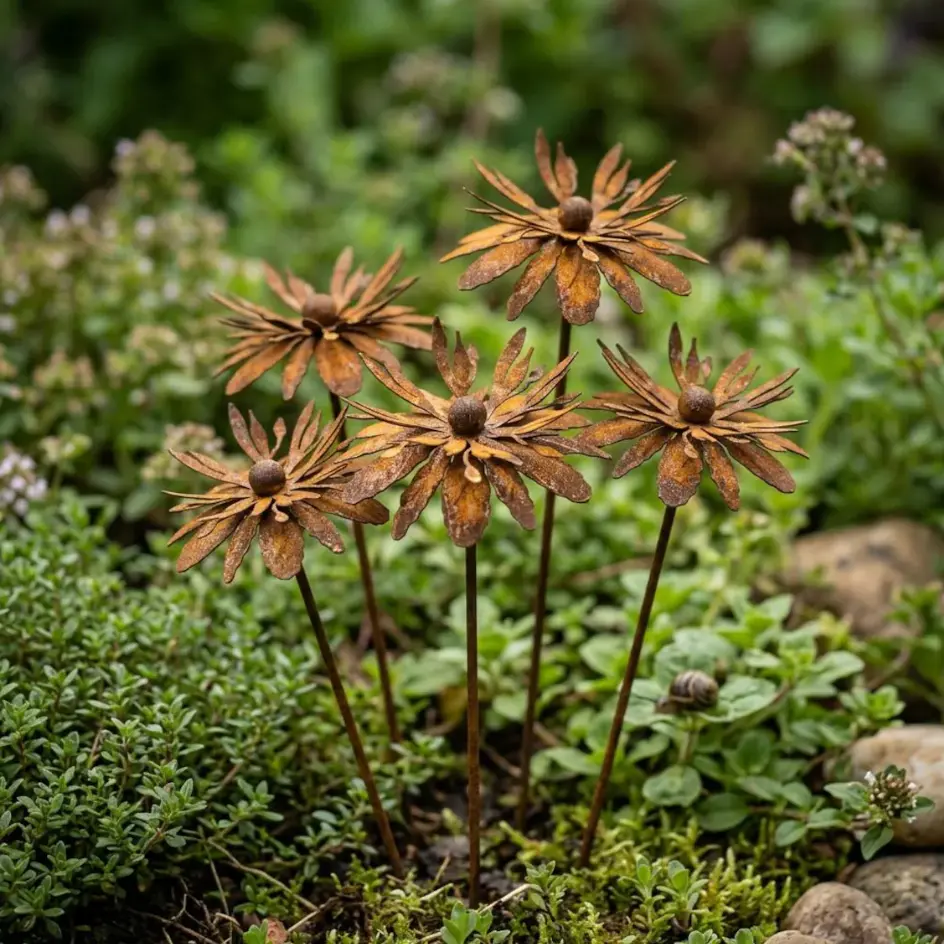 Rustic Metal Flower Garden Stakes Set, Outdoor Decorative Yard Art Flowers, Weathered Iron Daisy Sculpture Stakes for Lawn, Flower Beds, Walkways, Patio, Backyard, Farmhouse Garden Decor, Metal Floral Yard Ornaments for Outdoor Landscaping
