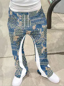 Men's Fashion 3D Vintage Blue and Gold Satin Geometric Print Flare Pants, Loose Casual Fashionable Pocket Drawstring, Streetwear Hip Hop Casual Street Style Long Pants