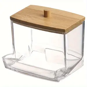 1pc Cotton Swab Storage Box, Bamboo Cover Cotton Storage Box, Cosmetics Finishing Box, Jewelry Box Acrylic Cotton Ball Dust Box, Countertop Storage Container