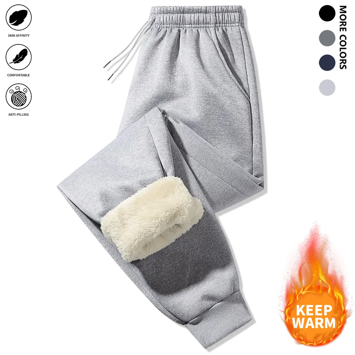 Men’s fleece-lined solid jogger pants with drawstring, casual thickened trousers as gift, men’s pants, men’s sweatpants