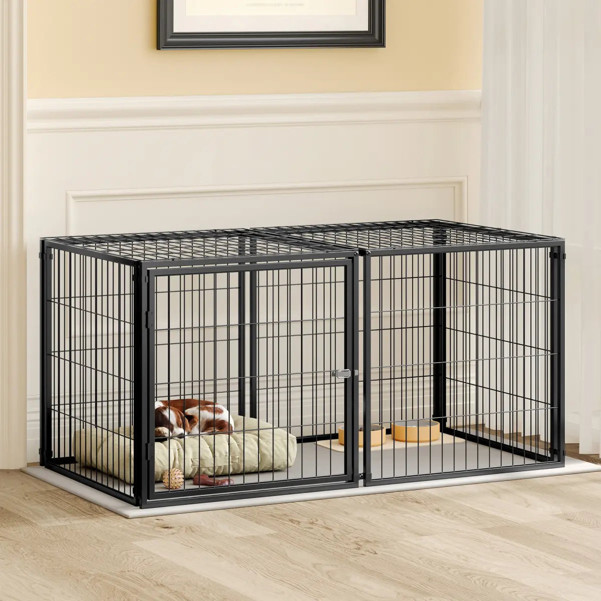 48 Inch Large Heavy Duty Dog Cage, Metal Escape Proof Dog Kennel Playpen with Top Door Lock, Foldable Black Pet Crate Indoor Outdoor Dog House for Medium Large Puppy Dog Training Travel Camping Gothic Cat Tree Coffin Bed