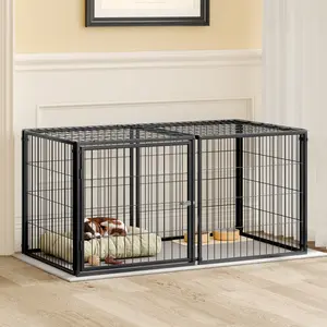 48 Inch Large Heavy Duty Dog Cage, Metal Escape Proof Dog Kennel Playpen with Top Door Lock, Foldable Black Pet Crate Indoor Outdoor Dog House for Medium Large Puppy Dog Training Travel Camping Gothic Cat Tree Coffin Bed