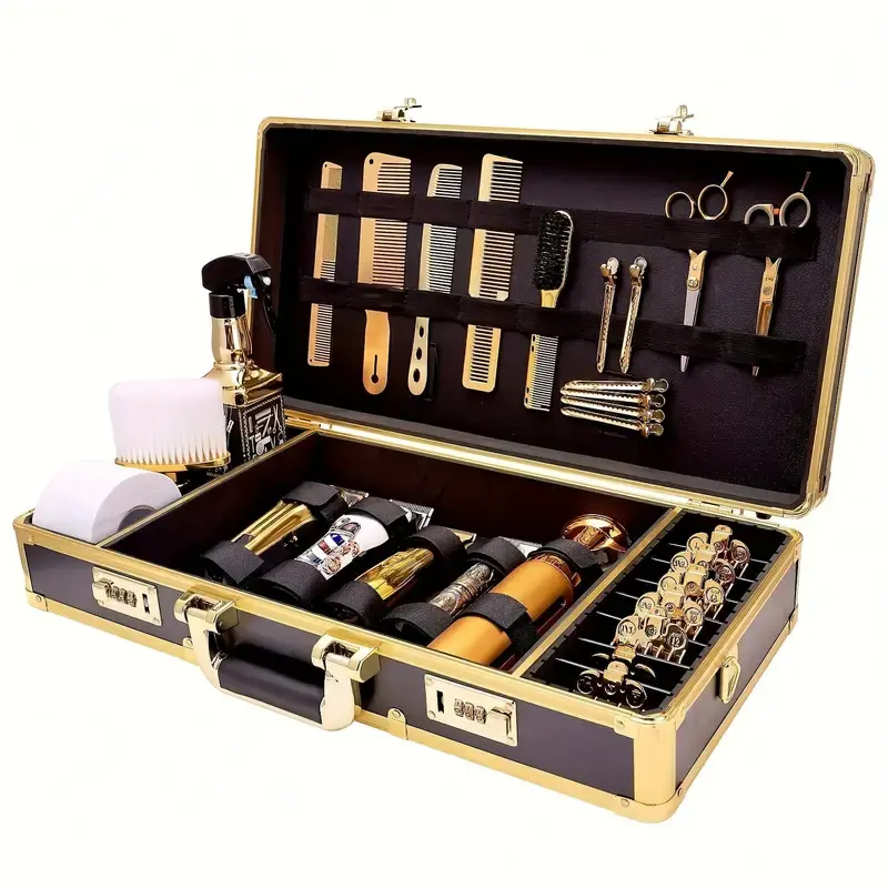 Golden Professional Cosmetic Tools Organizer, Large Capacity Hard Barber Case with Clipper Pockets, 2 Padlock Lock & Adjustable Strap Bag, Firm Buckle Holds Shut, Beauty Storage Pouch, Haircutting Tools, Hair Styling Accessories