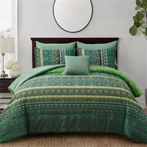WF-2025Hot Selling Boho Green Comforter Set Queen Size,8 Piece Bed in a Bag Bohemian Striped Bedding Quilt Set,Dark Green Paisley Floral Comforter and Sheet Set,Soft Microfiber Complete Bedding Sets for All Season