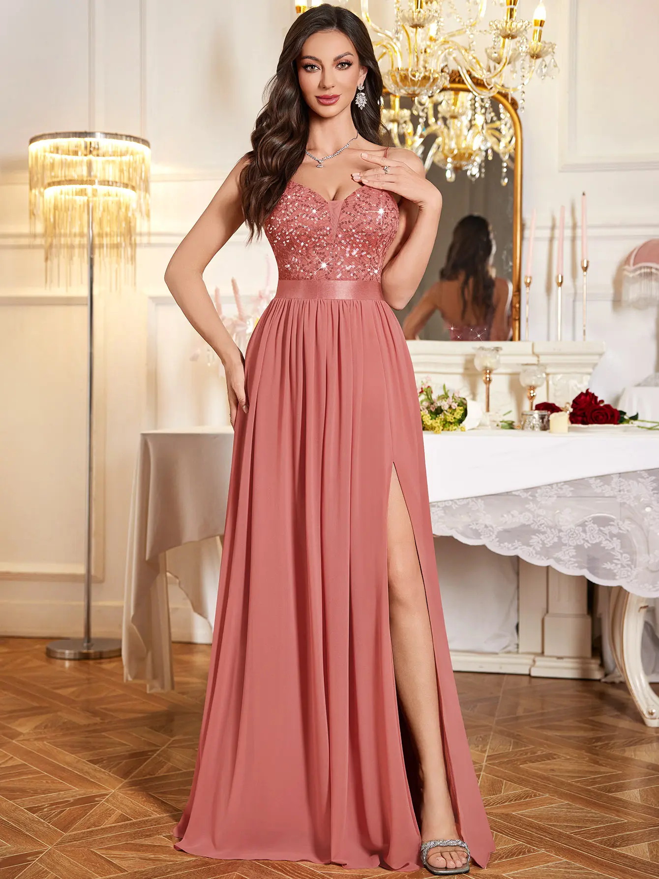 Miusol 55815A Women's Elegant Sparkly Glitter V-Neck Sequin Sexy High Slit Formal Wear Bridesmaid Long Gown with Zip - for Proms,Weddings,Galas Formal Events, Party, Formal Dresses For Women