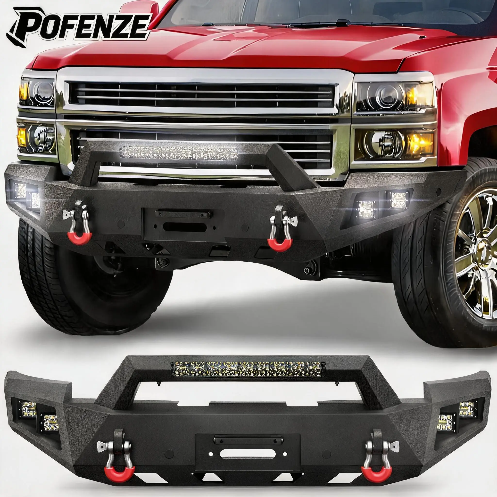 POFENZE-NADIA Custom Fit Front Bumper for Chevy Silverado 1500 2014-2015 Pickup Truck, Black Finish Accessory with Winch Plate, D-Ring, Lights, Enhances Functionality and Style, Improves Safety, Adds Versatility