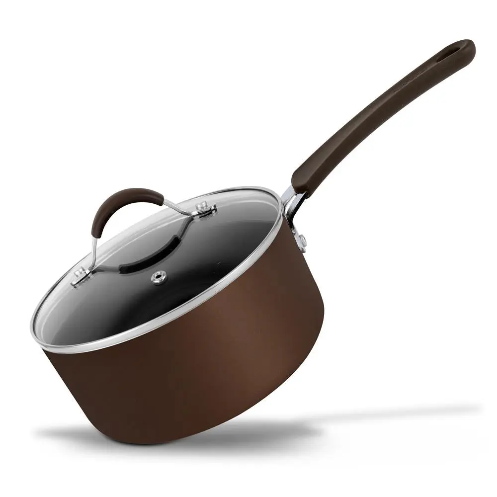 NutriChef 2.5 Qt Brown Non-Stick Stain-Resistant Pressed Aluminium Sauce Pot - Engineered Silicone-Accent Metal Handle, See-Through Glass Lid, Oven-Safe, Induction, Gas, Electric, Ceramic Compatible Kitchen Cookware Accessory, Heat-Stable Pots
