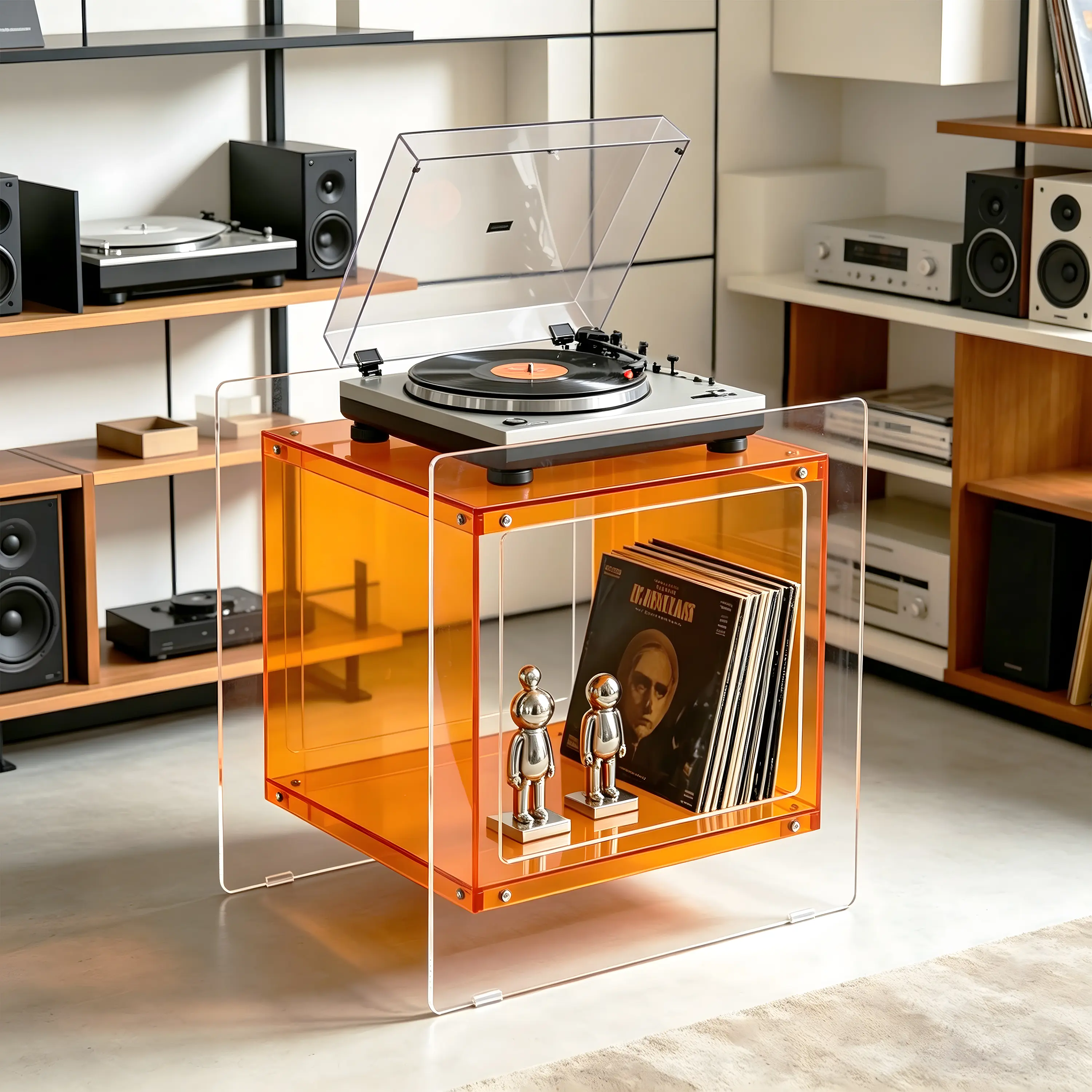 Square Cube Acrylic Record Player Table Open Storage Table Clear Acrylic Nightstand