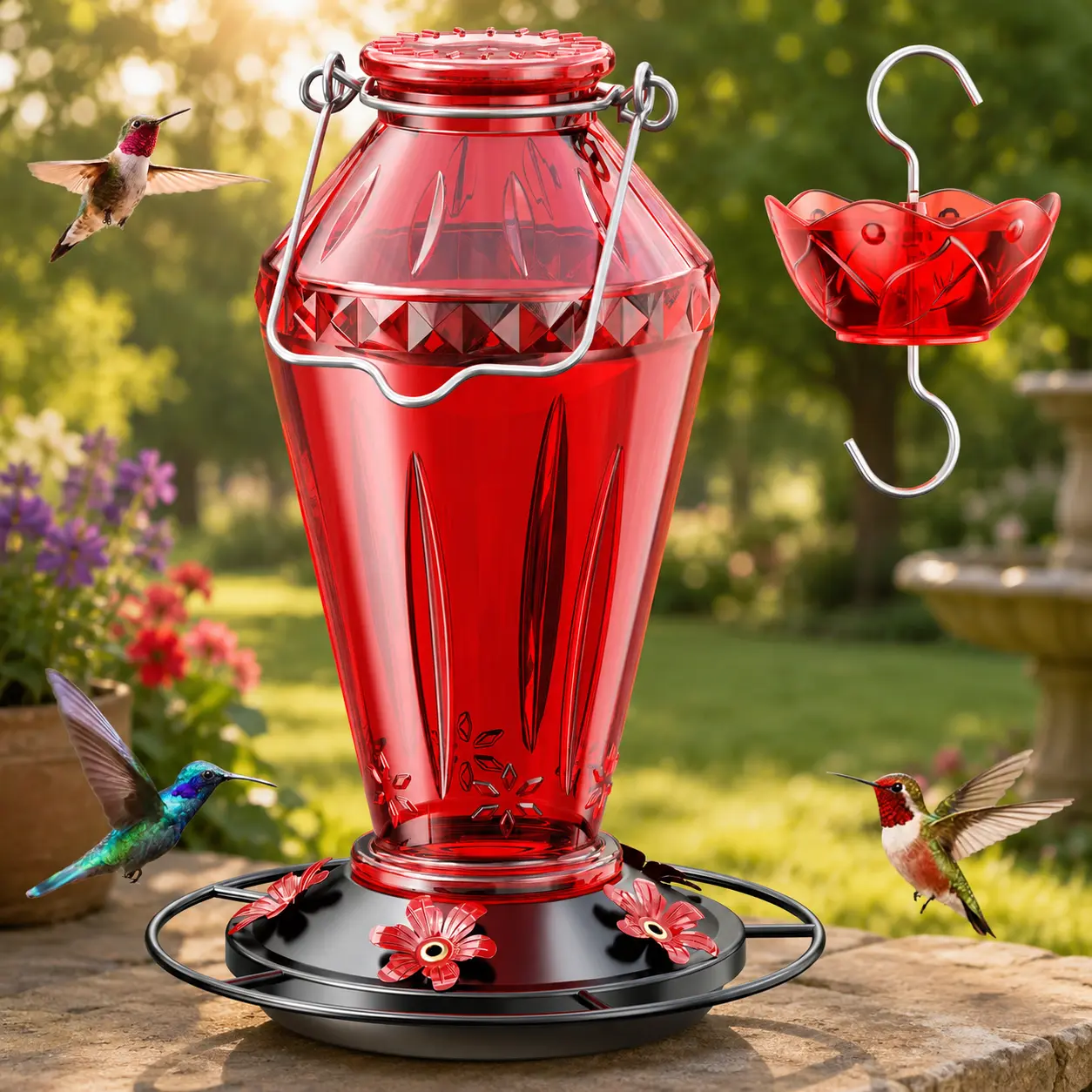 Birdream Hummingbird Feeders for Outdoors, 25oz Glass Hummingbird Feeder with Perch & 5 Bee Guard Feeding Ports, Leak Proof, Includes Ant Moat and Cleaning Brush, Gift for Women Mom, Red