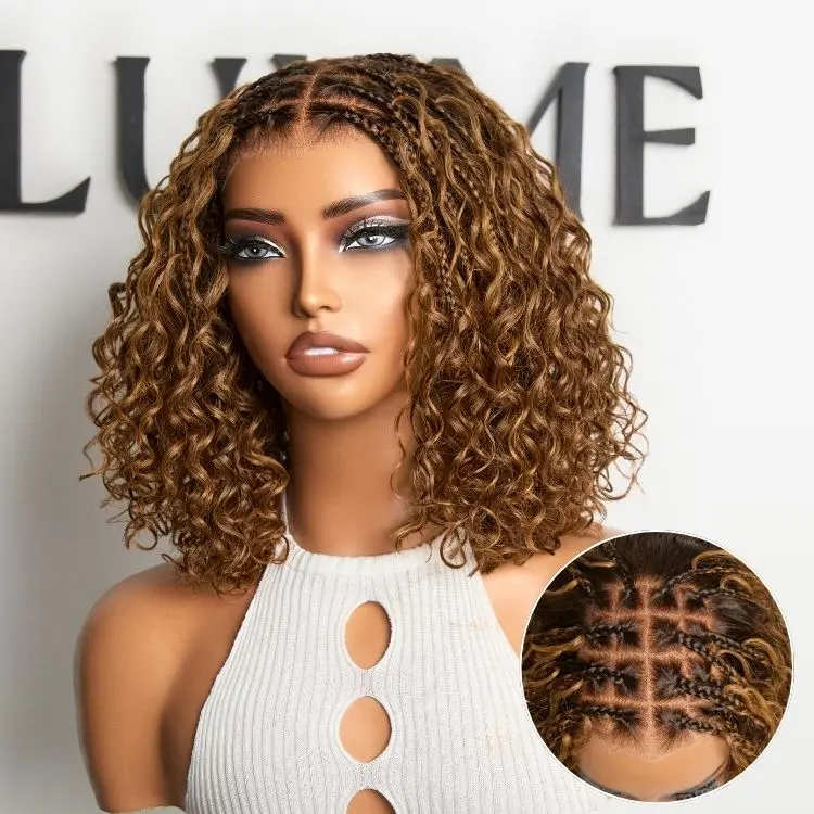 Ombre Brown Highlight Boho Braids Deep Curly Glueless 5x5 Closure Pre-Cut Lace Short Curly Wig 100% Human Hair