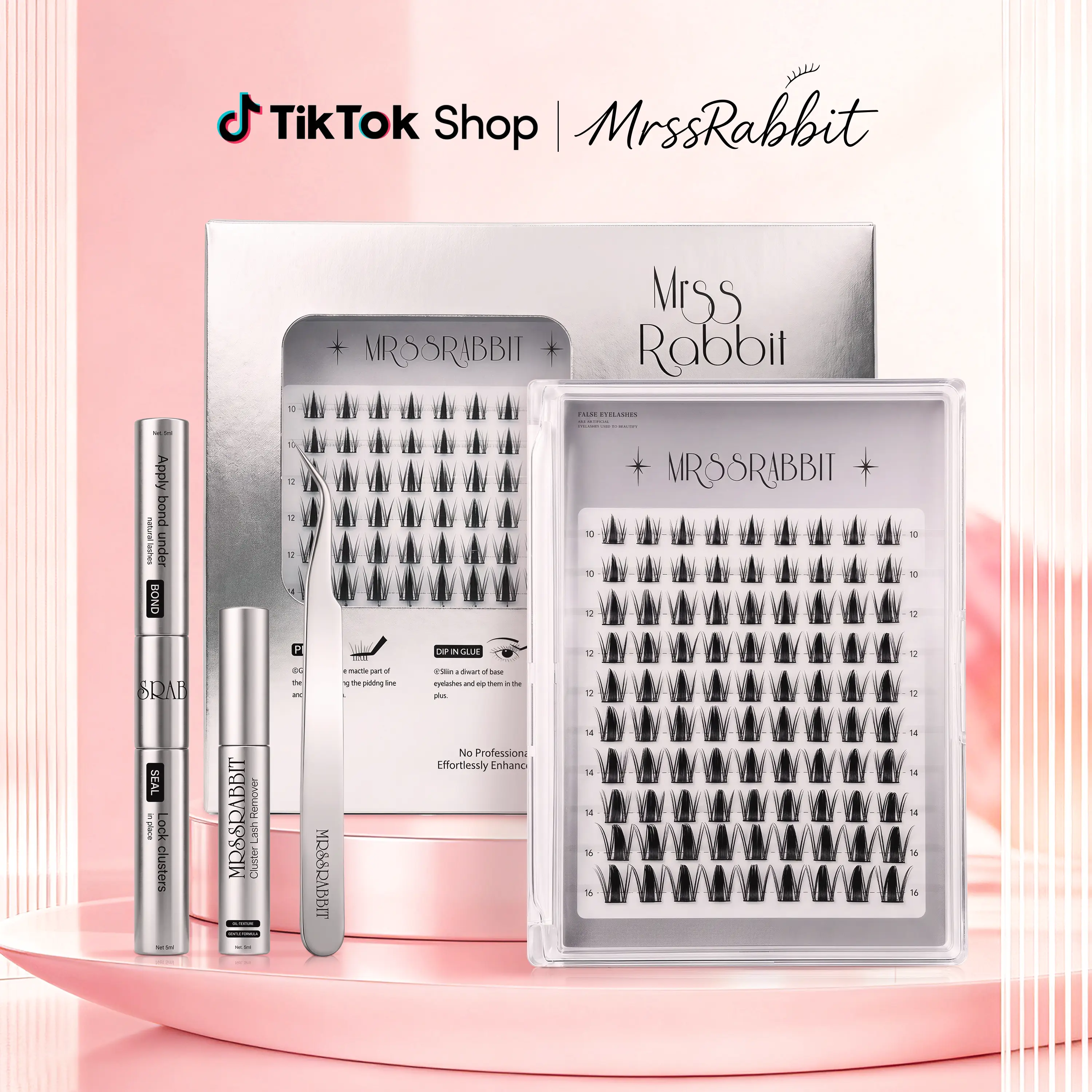 Bunny Flutter eyelash and full lash set, mixed lengths 10–16 mm, no salon application skills needed; fluffy D curl dynamic individual cluster false lashes. Effortlessly create a makeup look at home—the kit includes adhesive, lash remover, and tweezers. Mi