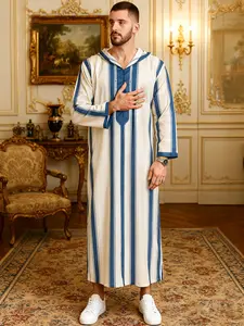 Men's Middle Eastern Traditional Robe, Moroccan Style Hooded Loose Fit Blue Striped Long Gown, Arabic Islamic Muslim Casual Clothing, Authentic Saudi Thobe