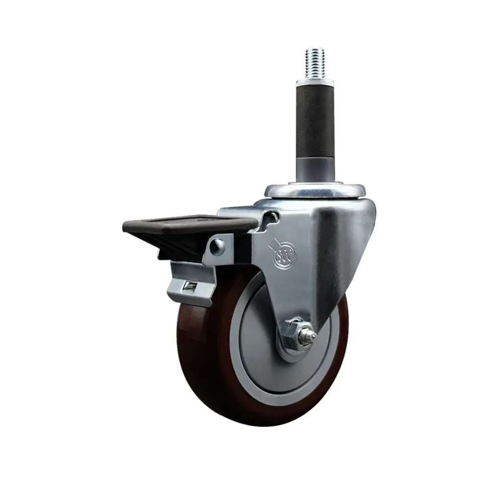 Service Caster SCC-EX20S414-PPUB-MRN-PLB-1 Polyurethane Expanding Stem Swivel Casters, 4 in. Maroon Wheel, 1 in. Stem, Posi Locking Brake, Bright Zinc Plated Finish, 350 lbs Capacity for Shop Projects & Work Tables, 5" H X 5" W X 5" L