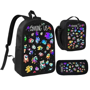 Among Us Child School Backpack with LunchBags ,Pencil Bags ,School Bags for Boys Girls Best Gift-C