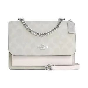 COACH Klare 21 Classic Monogram Flap Crossbody Bag for Women, Canvas and Leather, Glacier White
