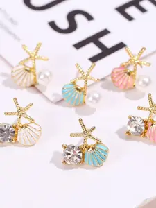 Cute Elegant Water Drop Oil Shell Starfish Rhinestone Stud Earrings, Seashell Earring, Beach Theme Jewelry Gift for Women, Stylish Accessories
