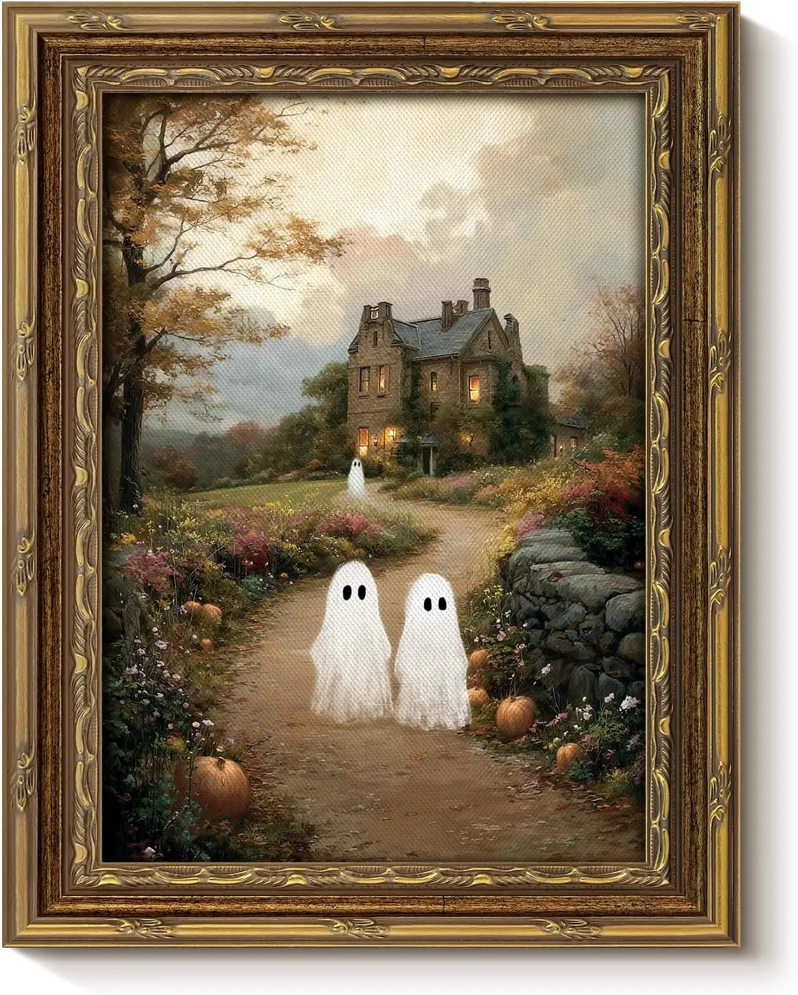 Halloween Ghost Manor Framed Canvas Art, Spooky Wall Decor, 8x10in| Halloween Framed canvas, Rustic spooky ghost walking to manor with pumpkins, Witchy decor for & living room