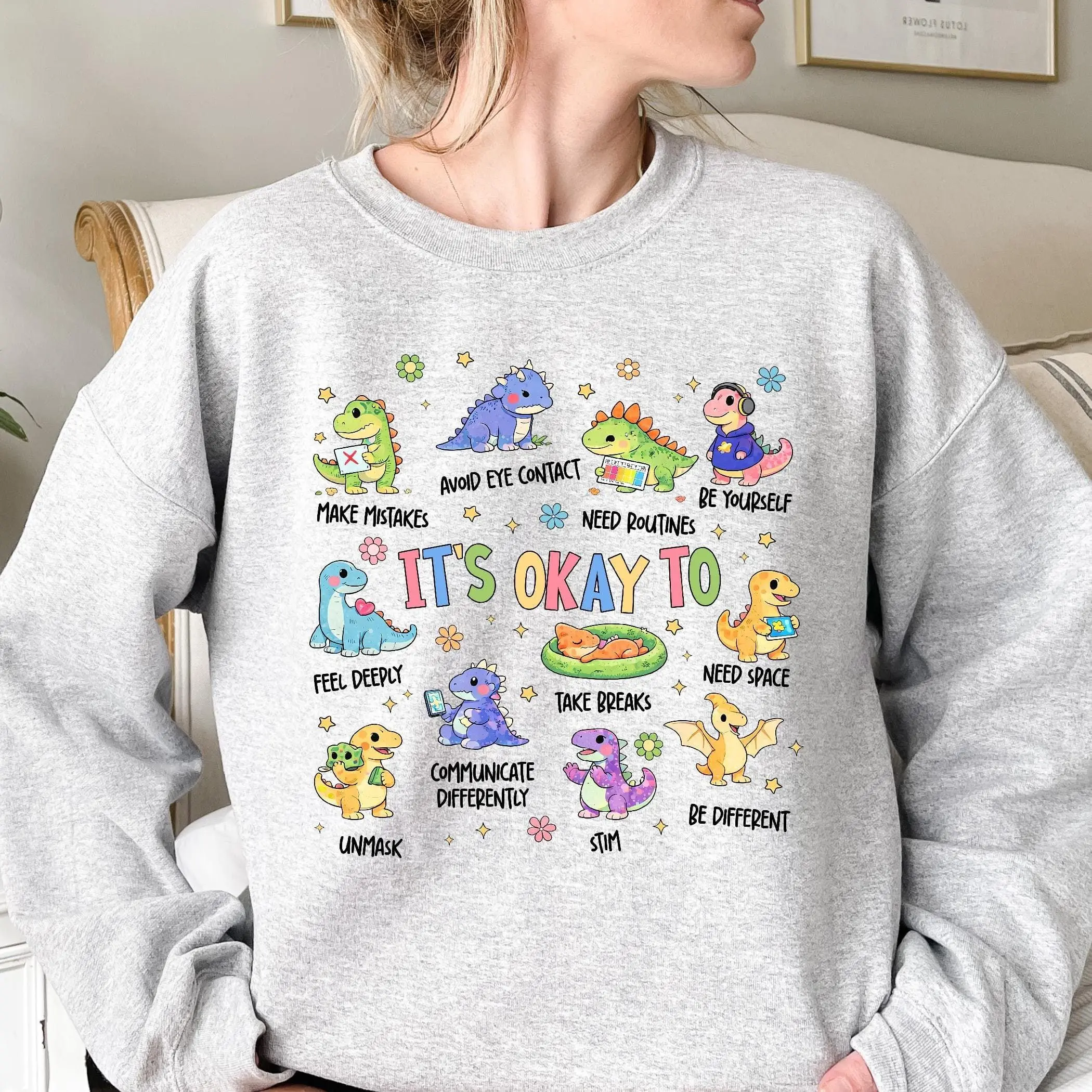 Autism Awareness Dinosaur Sweatshirt, It's Ok To Be Different Sweater, Autism Mom Crewneck, Special Education Teacher Neurodiversity.