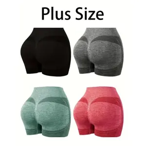 Plus Size 4-piece solid color high waisted sports shorts, casual, comfortable and breathable seamless knitted sports shorts, suitable for yoga, gym exercise, women's all-season sports underwear