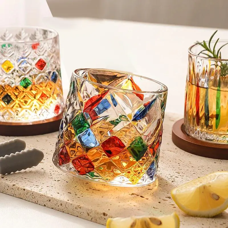 Creative thickened rotating whiskey glass, hand-painted spinning glass, colorful glass cup, a stress-relieving cup, perfect as a holiday gift for family and friends.