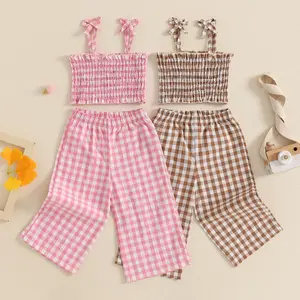 Toddler Baby Girl Summer Outfit Sleeveless Plaid Print Crop Tank Tops Cami Tops Pants Set 2PCS Clothes