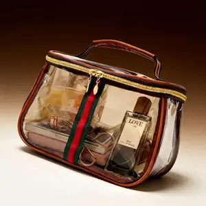 Waterproof Transparent Vintage Makeup Bag with Gold Trim and Red/Green Stripes for Travel and Storage